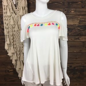 Reborn J |‎ Cold Shoulder Neon Tassel Swing Blouse